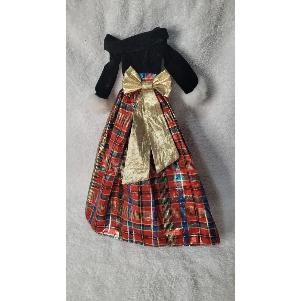 Holiday Doll Gown Black Velvet Red Metallic Plaid Gold Bow Christmas Outfit